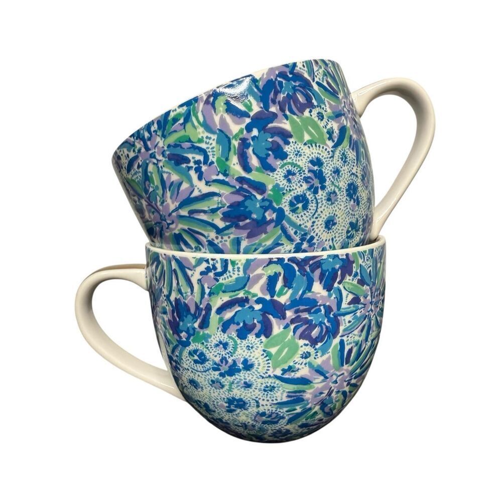 Lilly Pulitzer Set of 2 Ceramic Mugs Coffee Tea Blue Floral 12 oz